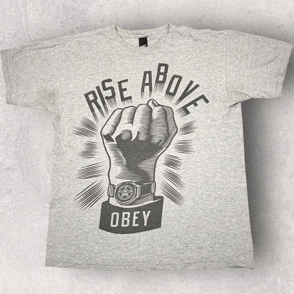 Y2K OBEY‎ T-Shirt Mens Medium Short Sleeve Rise Above Skateboard Gray Fist